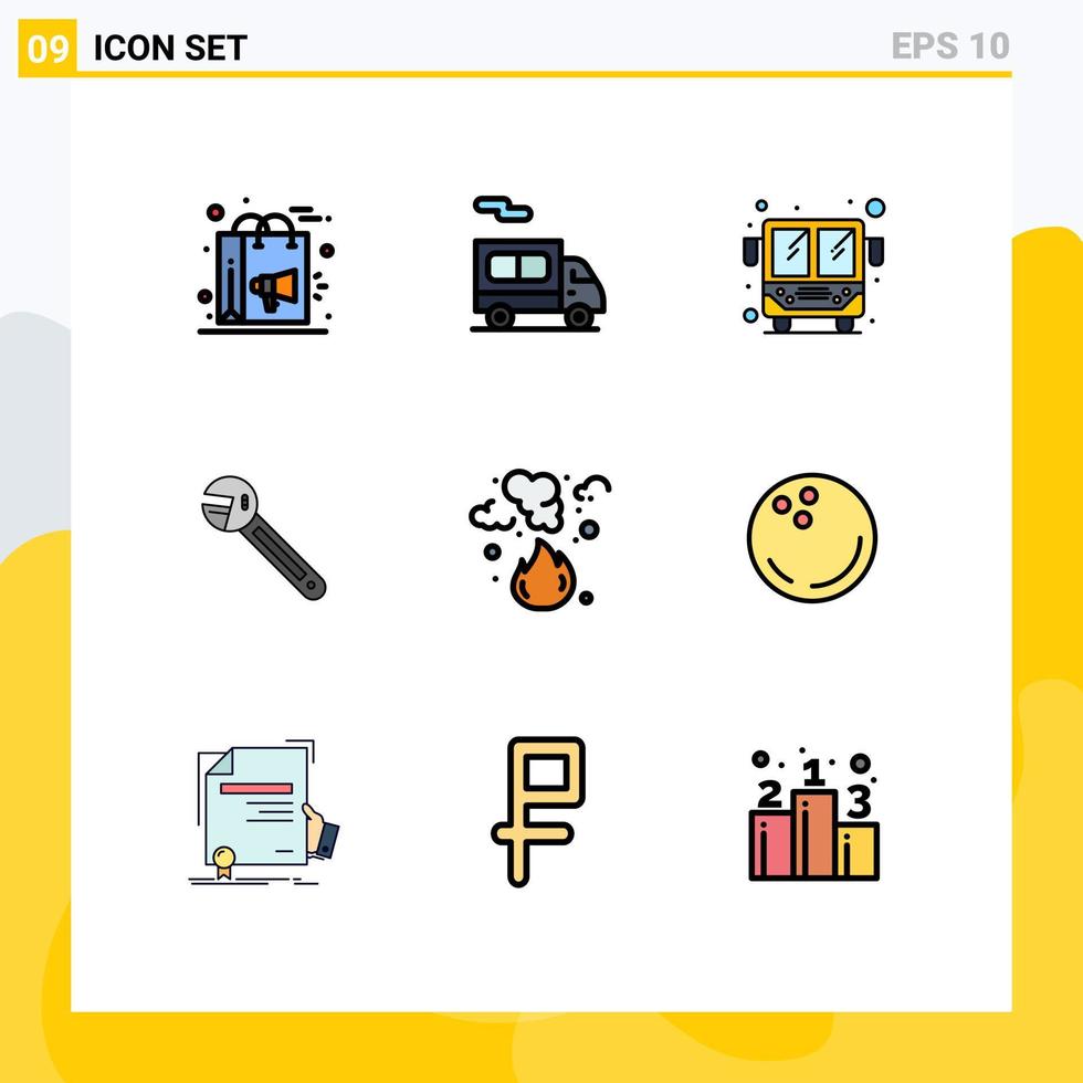 9 universelle Filledline-Flachfarben für Web- und mobile Anwendungen Fire Tool Bus Spanner Option editierbare Vektordesign-Elemente vektor