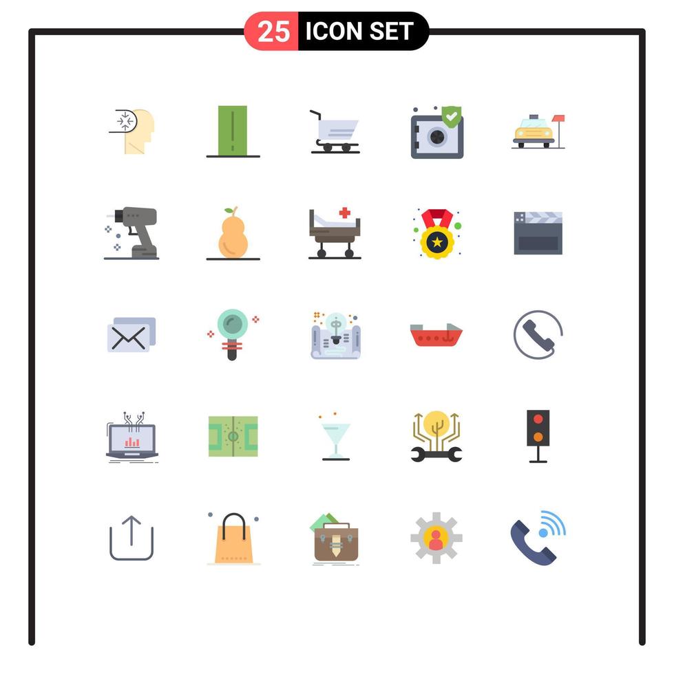 Packung mit 25 modernen, flachen Farbzeichen und Symbolen für Web-Printmedien wie Parksicherheit, Lichtmete, sichere Versicherung, editierbare Vektordesign-Elemente vektor