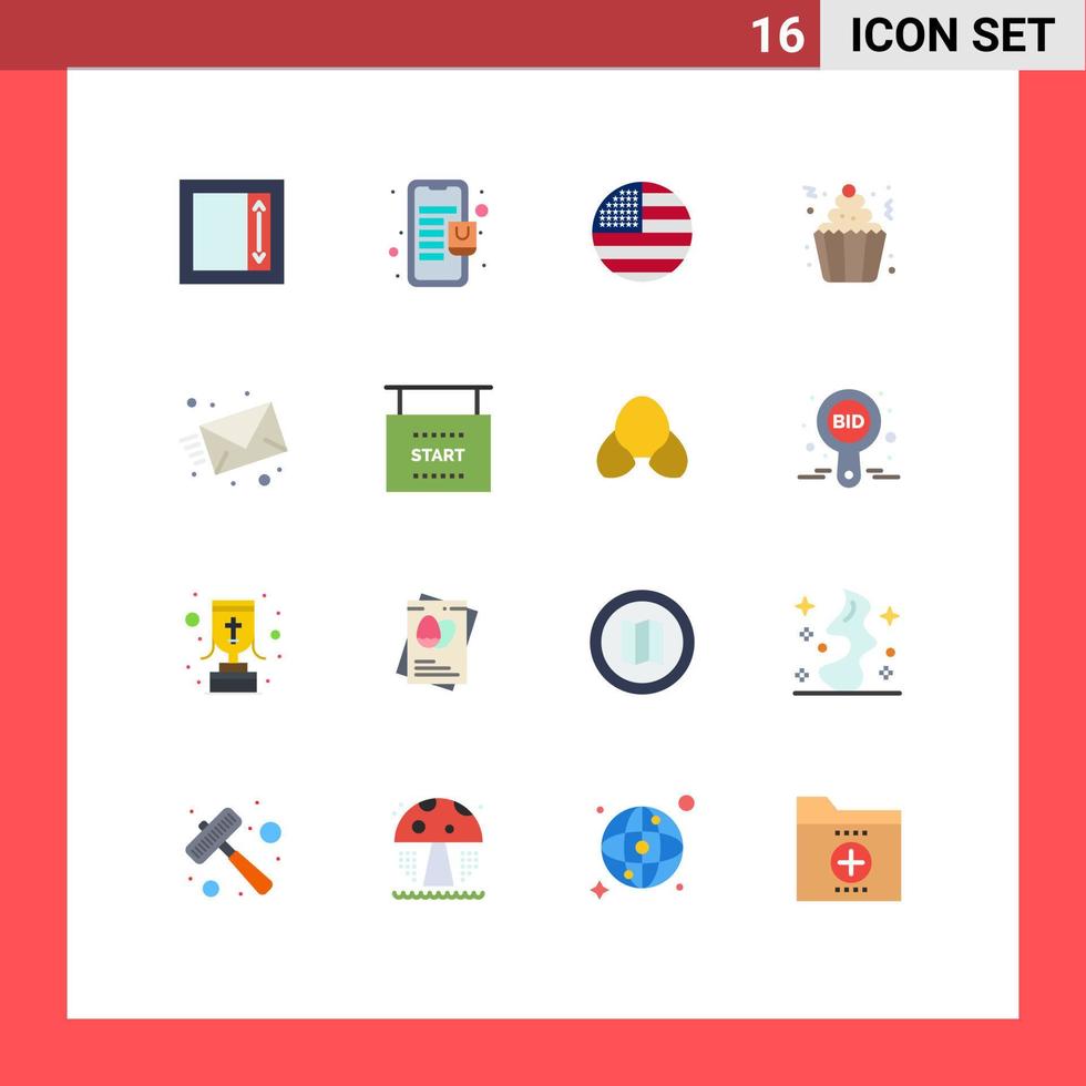 16 thematische Vektor-Flachfarben und editierbare Symbole von Mail-Party-Flaggen-Cupcakes, cremefarbenes, editierbares Paket kreativer Vektordesign-Elemente vektor