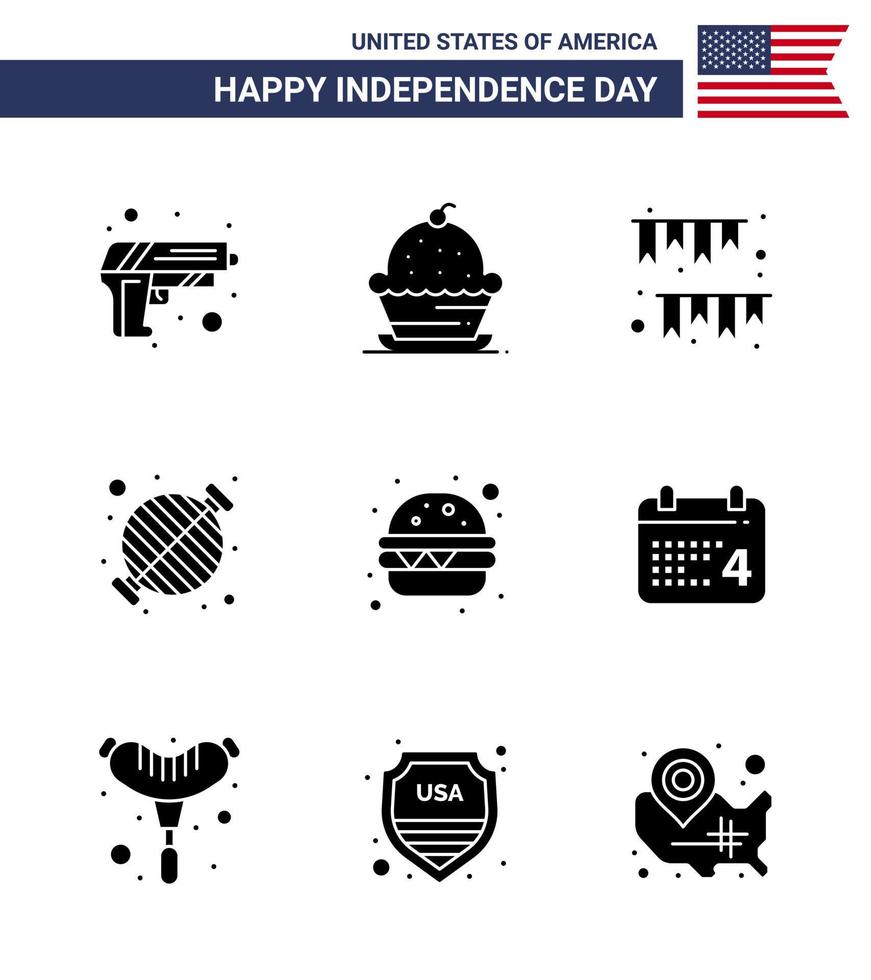 packung mit 9 usa unabhängigkeitstag feier solide glyphen zeichen und 4. juli symbole wie grill grill erntedank essen dekoration editierbare usa tag vektor design elemente