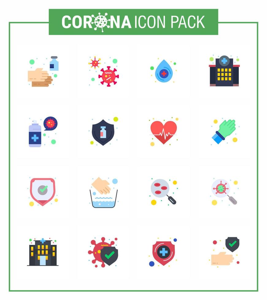 16 Flachfarben-Coronavirus-Covid19-Icon-Pack wie die Reinigung von medizinischen Krankenhausgebäuden viraler Coronavirus 2019nov-Krankheitsvektor-Designelemente vektor
