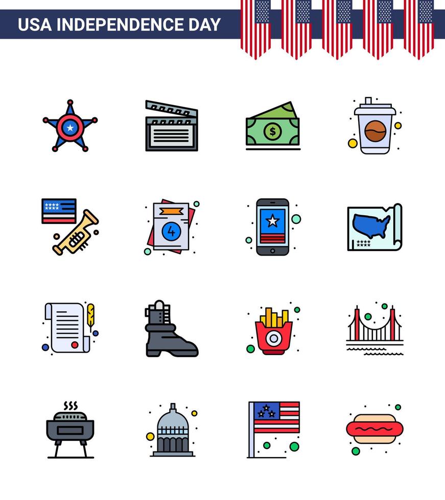 Stock Vector Icon Pack von American Day 16 Line Zeichen und Symbolen für Lautsprecher Soda Dollar Drink Bottle editierbare Usa Day Vektor Design Elemente