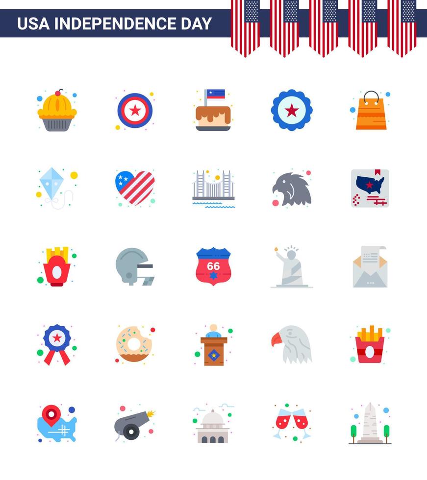 Stock Vector Icon Pack mit amerikanischen Tag 25 flachen Zeichen und Symbolen für Geld Usa-Kuchenzeichenglas editierbare Usa-Tag-Vektordesign-Elemente