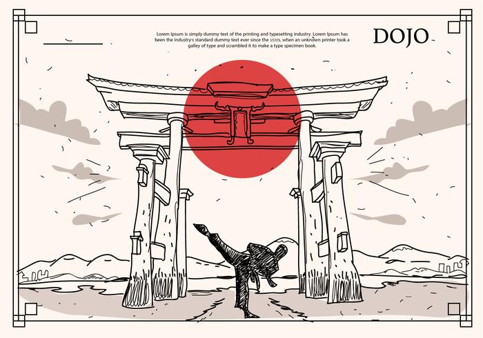 Japansk historisk byggnad Dojo Handdragen Vektorillustration vektor