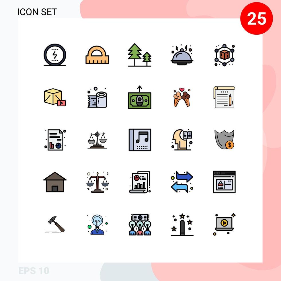 mobile schnittstelle gefüllt linie flache farbe satz von 25 piktogrammen von medien geometrischen zypressenwürfel lebensmittel editierbare vektordesignelemente vektor
