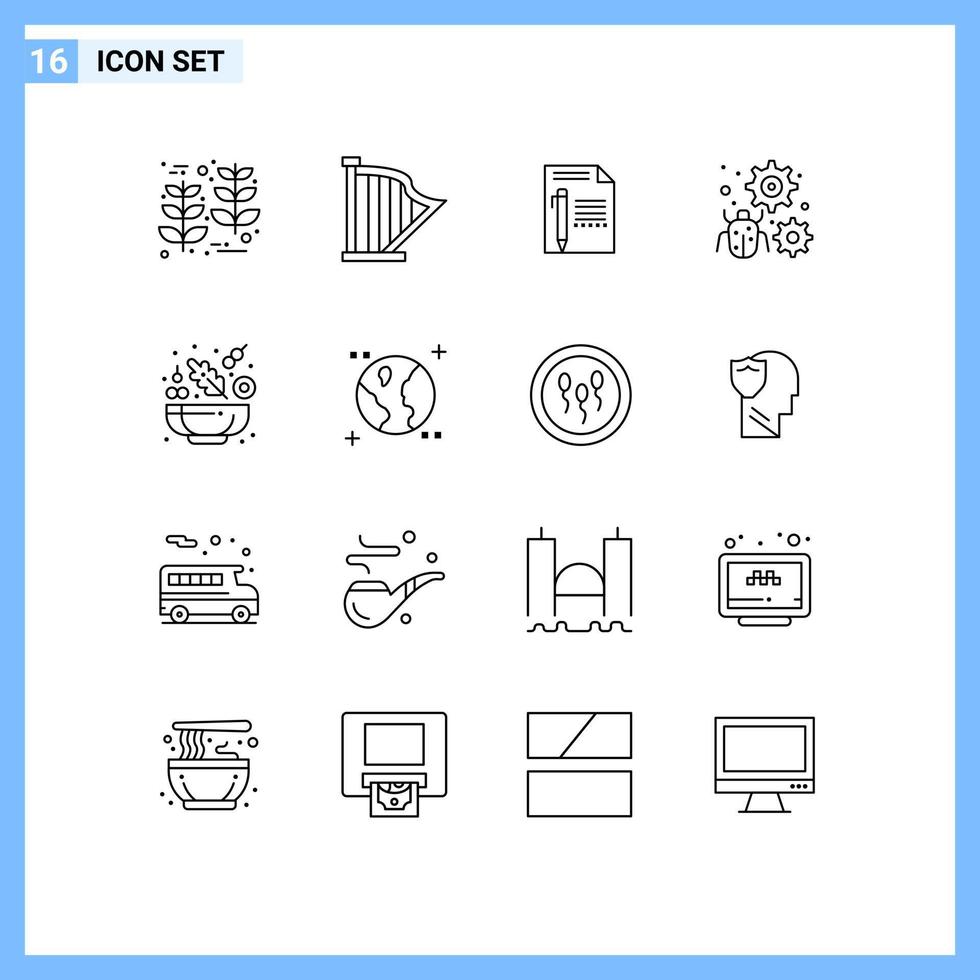 uppsättning av 16 modern ui ikoner symboler tecken för insekt configure ljud skriva papper redigerbar vektor design element