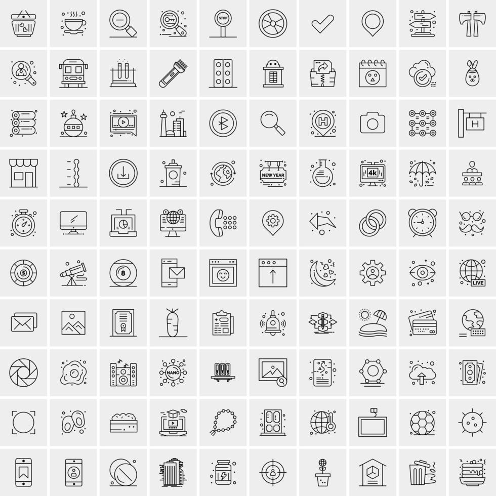 Satz von 100 universellen, modernen, dünnen Liniensymbolen für mobile und Web-Mix-Geschäftssymbole wie Pfeile, Avatare, Smileys, Geschäftswetter vektor