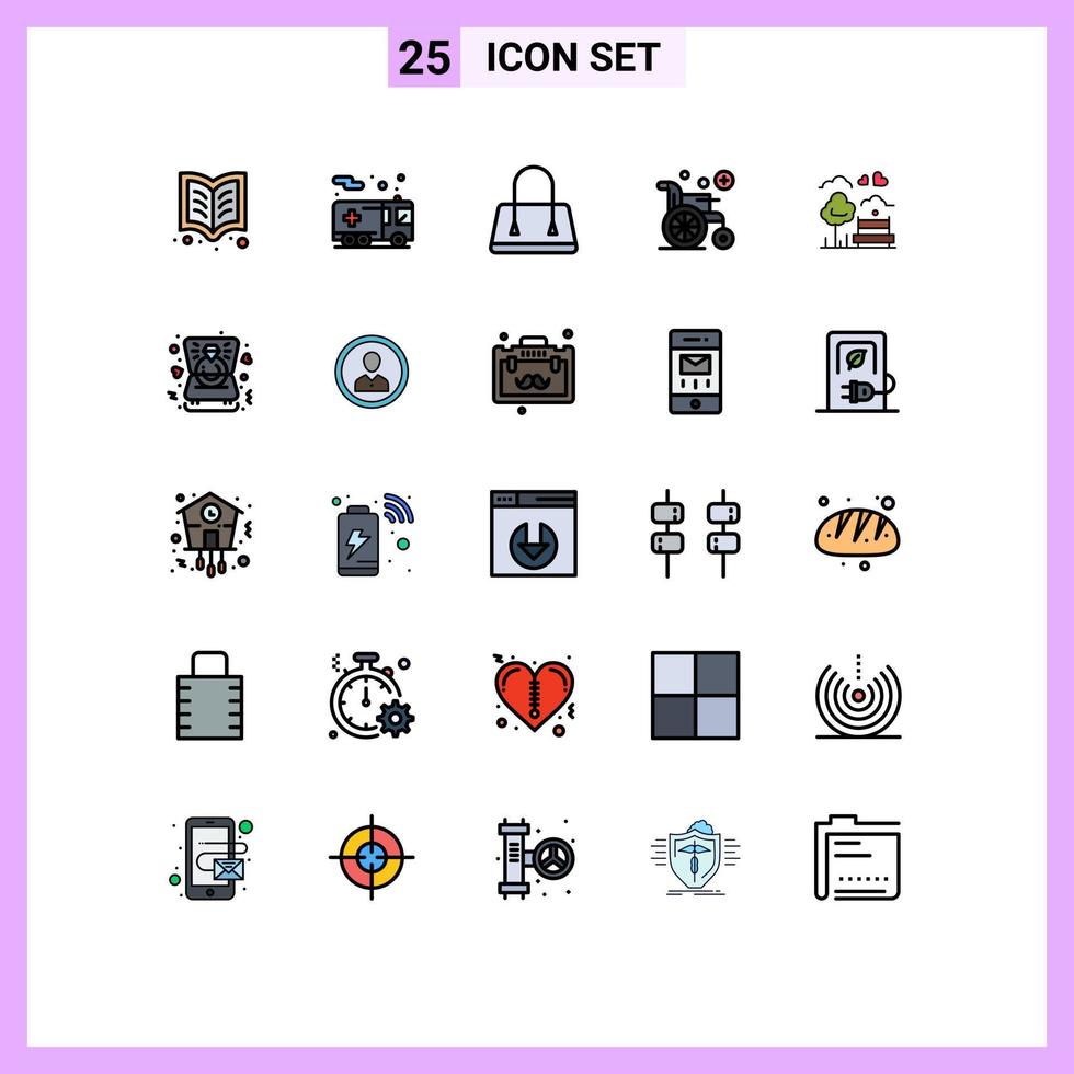 25 universelle, gefüllte Linien-Flachfarben für Web- und mobile Anwendungen setzen editierbare Vektordesign-Elemente für Baumtaschen-Parkräder vektor