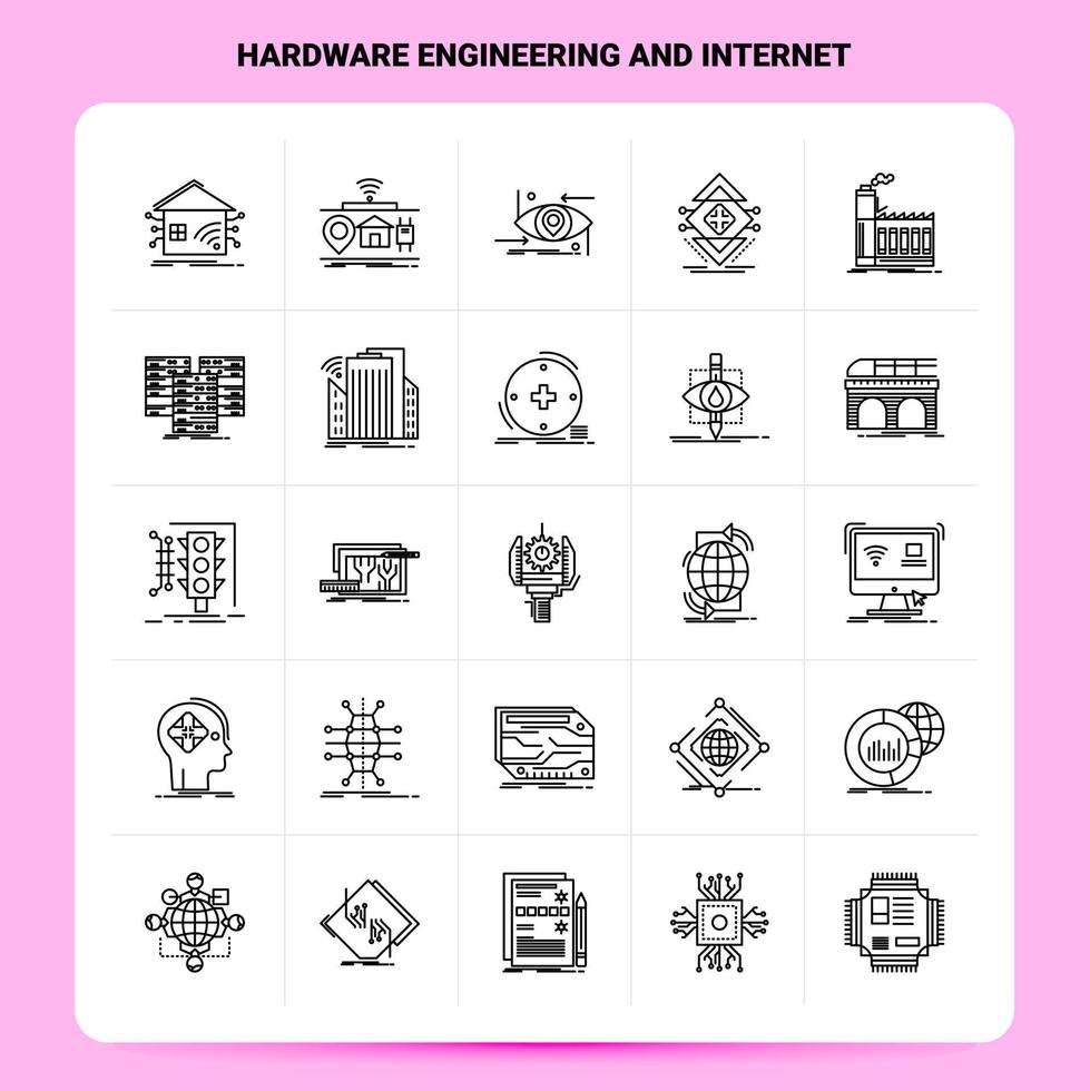 Umriss 25 Hardware-Engineering und Internet Icon Set Vektor Line Style Design Schwarze Icons Set Linear Piktogramm Pack Web und mobile Geschäftsideen Design Vector Illustration