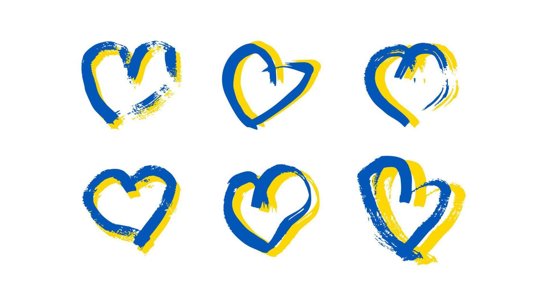 hand dragen hjärtan i ukrainska färger. uppsättning av sex grunge gul och blå klotter hjärtan på vit bakgrund. vektor illustration
