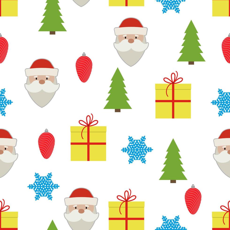 jul sömlös mönster med snöflinga, gåva låda, jul boll, santa claus och jul träd på vit bakgrund. vektor illustration