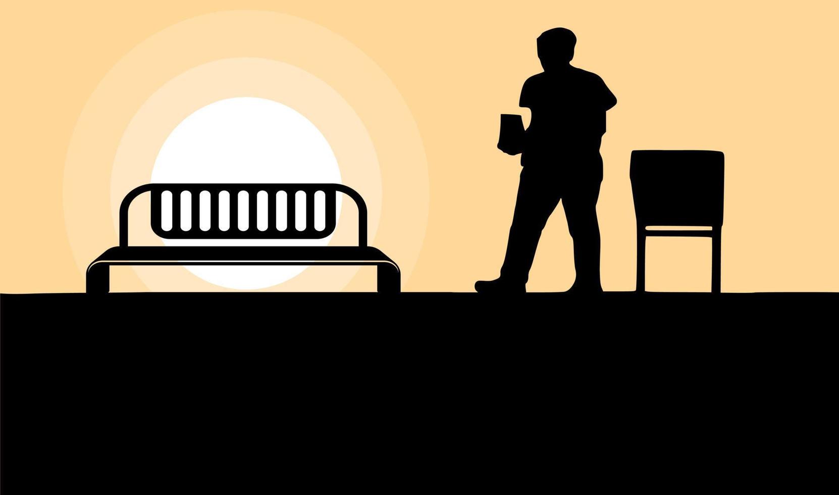 illustration av de ung man vem går till sitta på de bänk på solnedgång med en pommes frites i hans hand. vektor