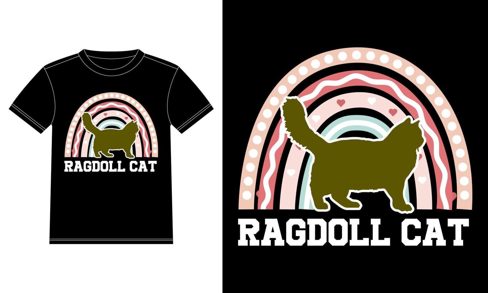 Boho-Regenbogen-Ragdoll-Katzen-T-Shirt-Design-Vorlage, Ragdoll-Katze an Bord, Autofenster-Aufkleber-Vektor für Katzenliebhaber, schwarz auf weißem Bekleidungsdesign vektor