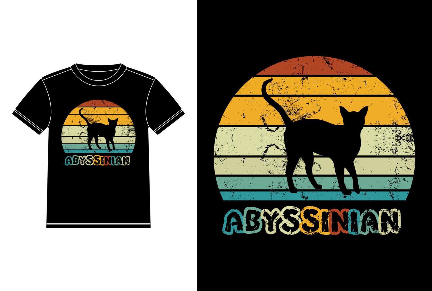 abessinier årgång retro solnedgång t-shirt design mall, abessinier katt på styrelse, bil fönster klistermärke vektor för katt älskare, svart på vit kläder design