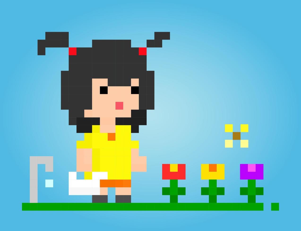 8 Bits weiblicher Pixel spülen Blumen. Anime-Cartoon-Mädchen in Vektorgrafiken für Spiel-Assets oder Kreuzstichmuster. vektor