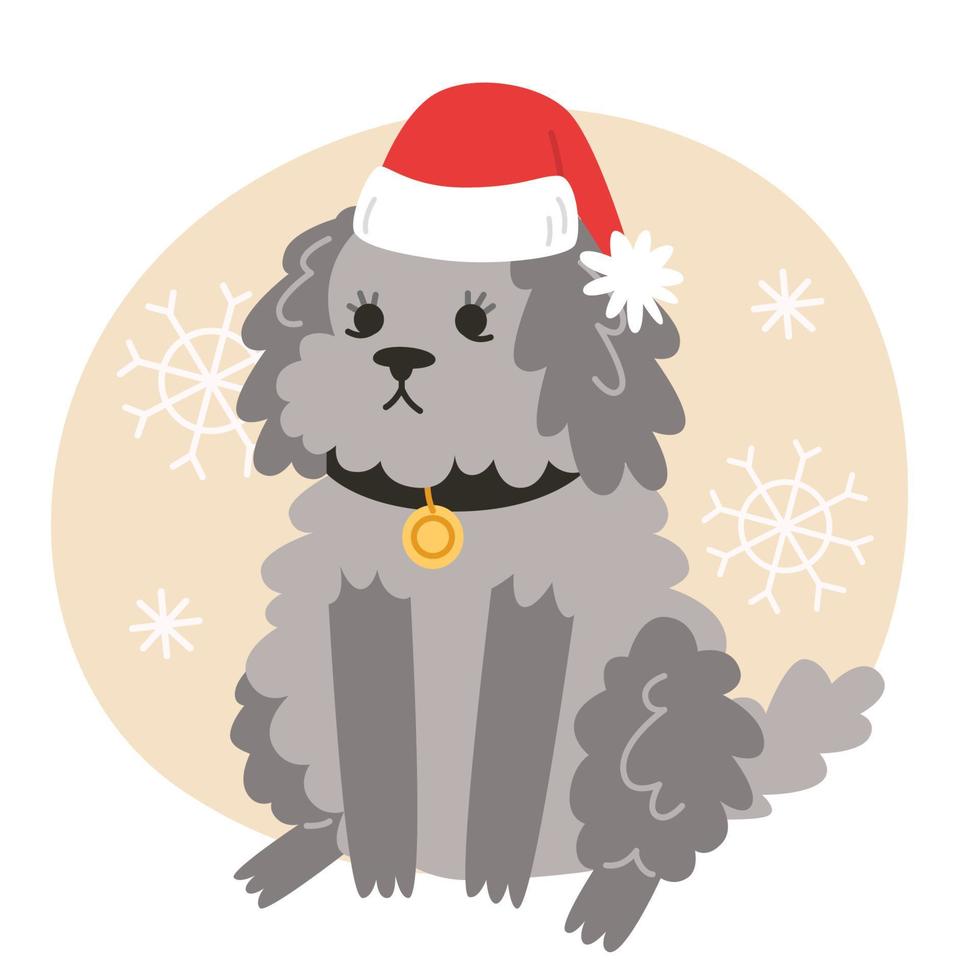 lockigt liten hund i santa claus hatt sitter med snöflingor vektor