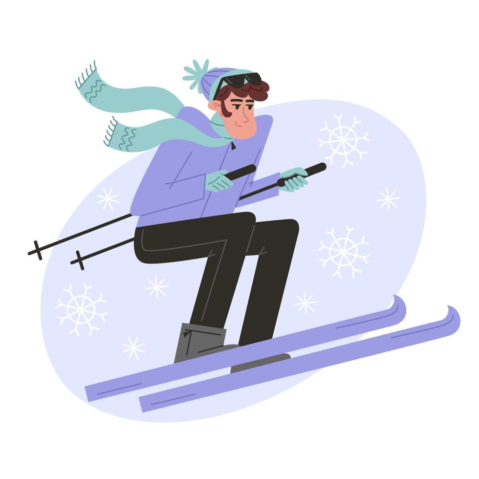 junger mann skifahren in sportbekleidung im flachen stil vektor