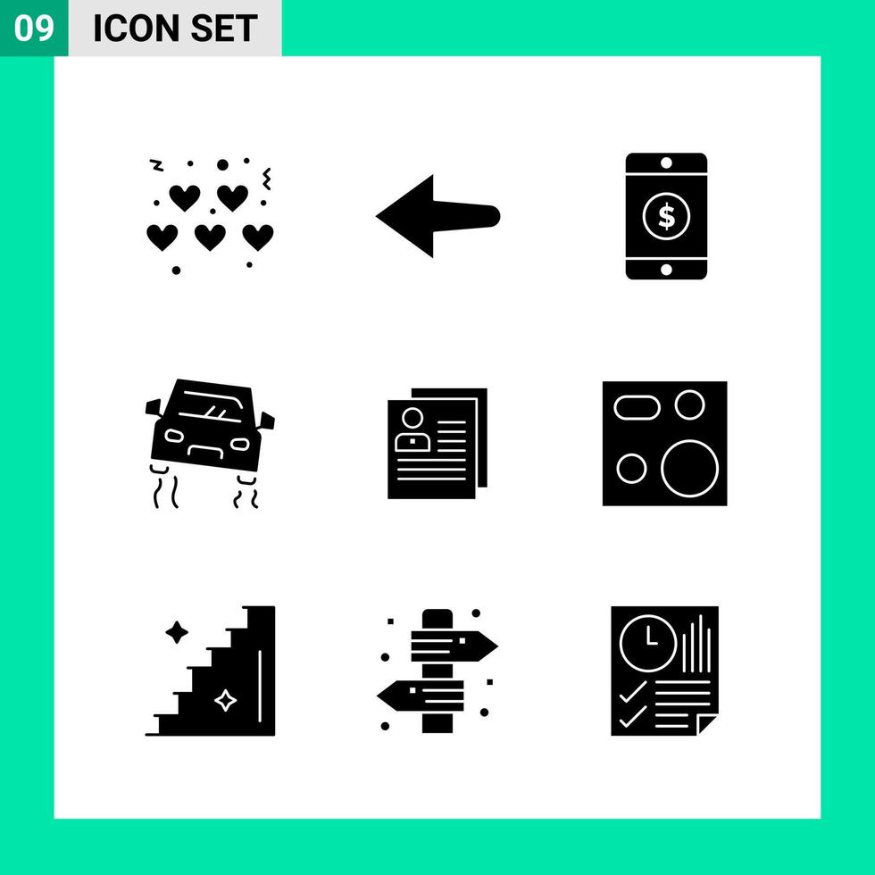 Packung mit 9 soliden Stil-Icon-Sets. Glyphensymbole für den Druck. kreative zeichen lokalisiert auf weißem hintergrund. 9 Symbolsatz. vektor