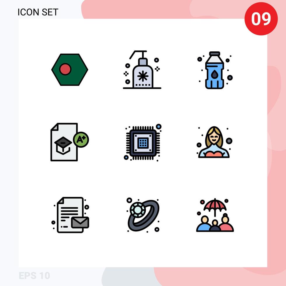 Packung mit 9 modernen Filledline-Flachfarben Zeichen und Symbolen für Web-Printmedien wie Chip-Schule-Spa-Wissensbildung editierbare Vektordesign-Elemente vektor