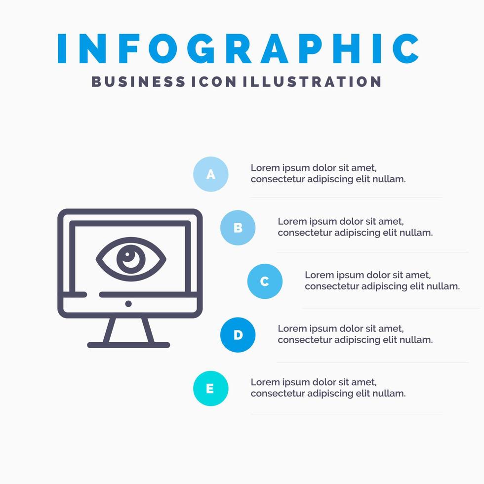 Überwachen Sie das Symbol für die Videoüberwachung der Online-Datenschutzlinie mit 5 Schritten, Präsentation, Infografiken, Hintergrund vektor