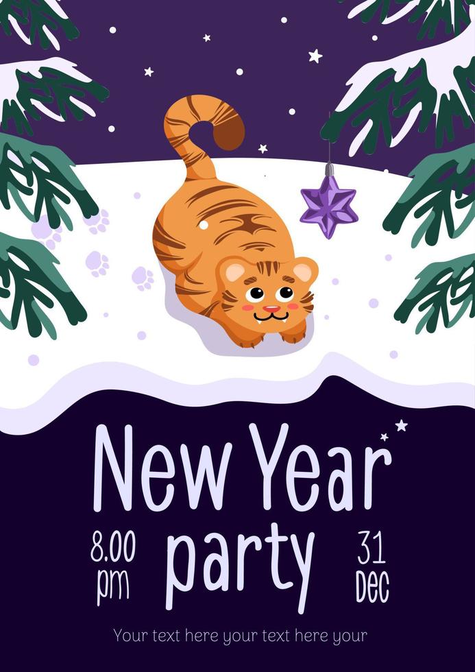 neujahrs-party-flyer. helle vektorillustration im karikaturstil. Tiger, Symbol des chinesischen Neujahrs 2022, Lutscher, Geschenke, Winter, Stechpalme. für werbebanner, poster, flyer vektor
