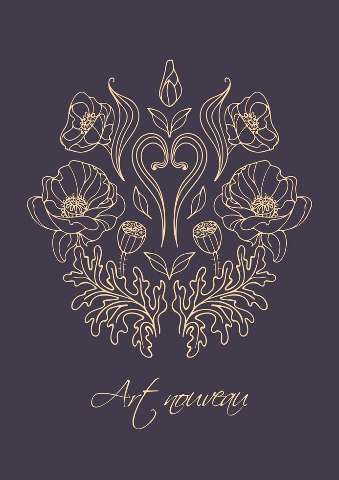 årgång gotik illustration av guld graciös vallmo knopp i konst nouveau stil. botanisk illustration för klistermärken, affischer, vykort, design element, logotyp vektor