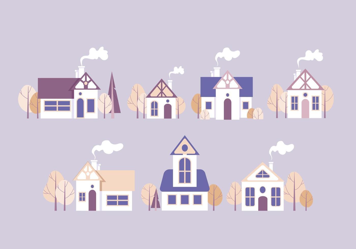 Set Cartoon-Häuser, Bäume im Herbst. Vektorillustration in zarten Pastellfarben. Abbildung, isolierte Objekte auf einem lila Hintergrund. Gestaltungselemente zu Themen wie Immobilien, Hypotheken, Architektur vektor