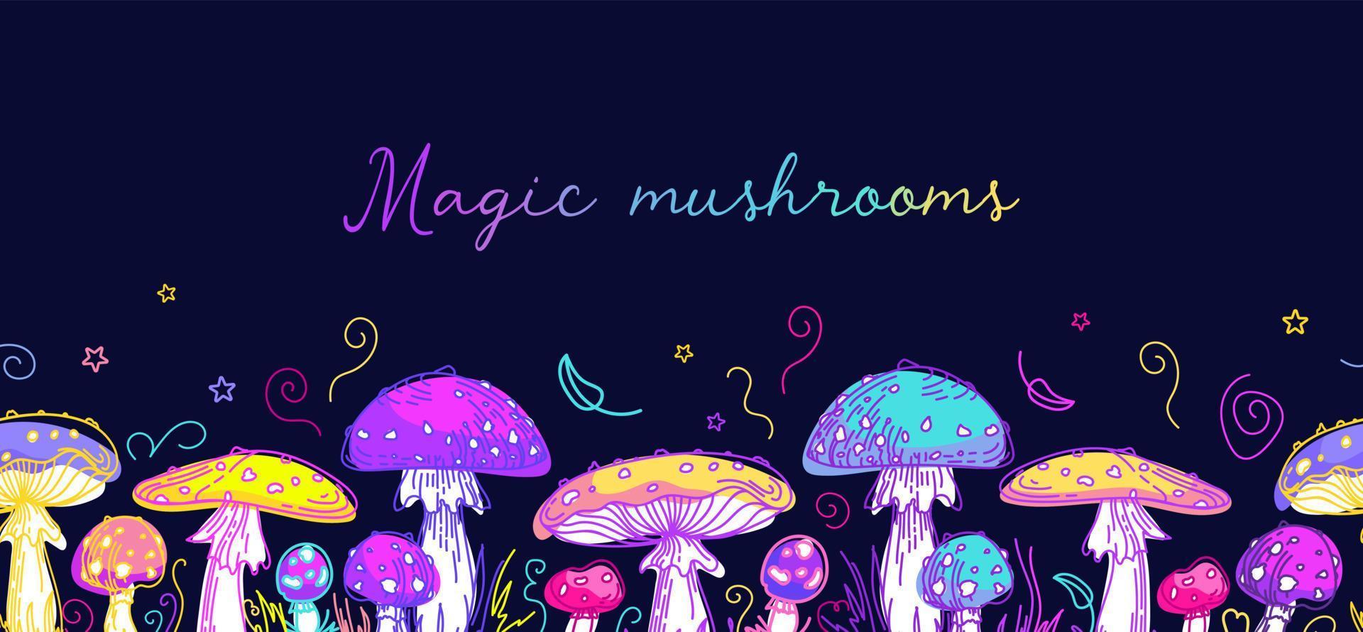 psychedelic svamp mönster. 60s hippie, färgrik giftig flyga agaric. ljus sommar illustration i skiss stil med kosmisk magi svamp. för tapet, utskrift på tyg, omslag vektor