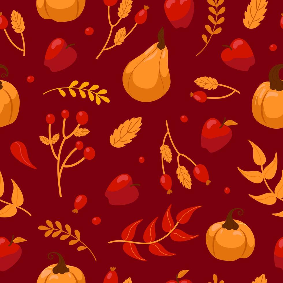 hallo Herbst. Ernte. Kürbisse, Beeren, Blätter, Äpfel. helles, nahtloses muster mit natürlichen obst- und pflanzenelementen. für Tapeten, Stoffdruck, Verpackung. warme rot-orange farben vektor