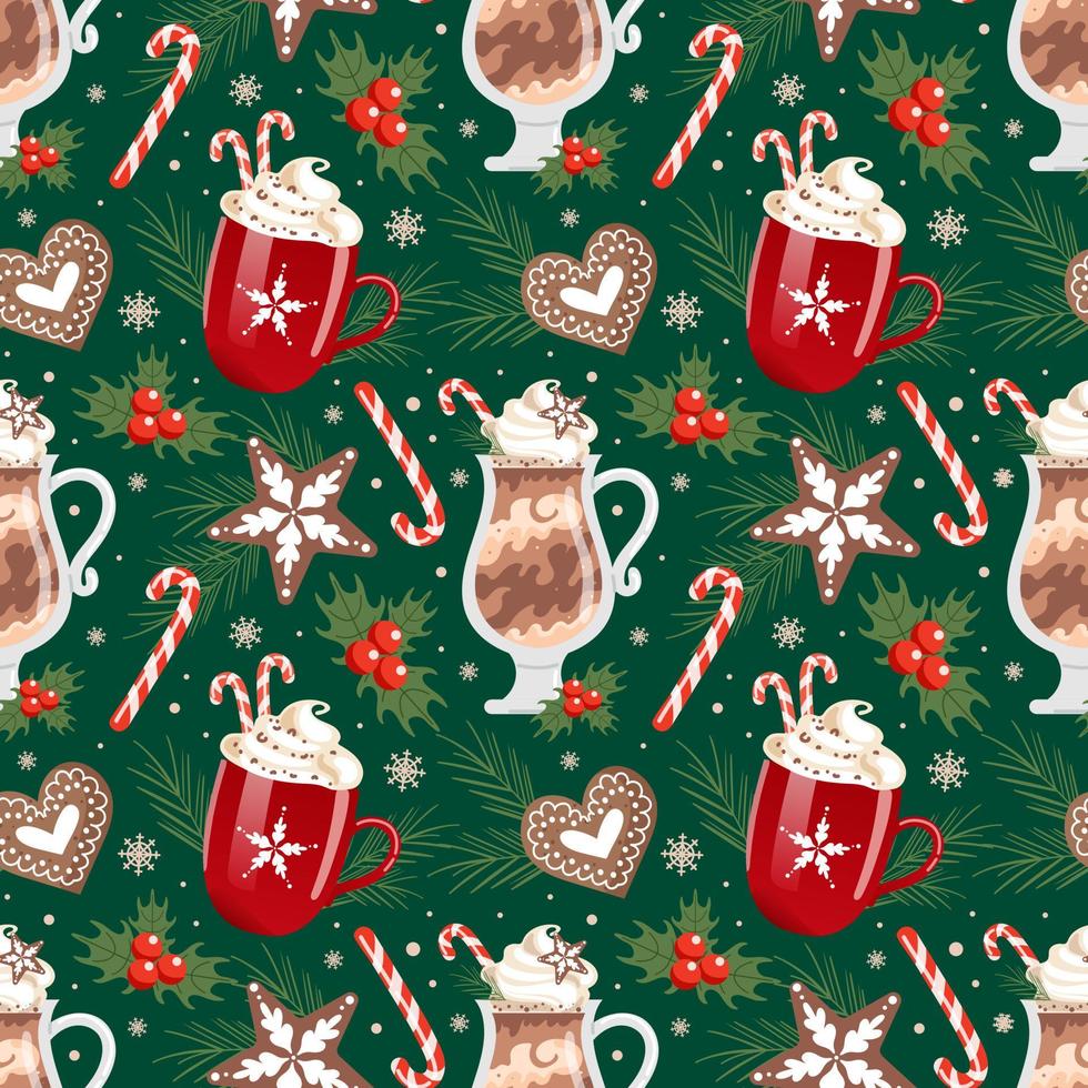 vinter- jul drycker, sömlös mönster. varm choklad och vispad grädde. godis sockerrör. pepparkaka. gran och järnek. i festlig röd och grön färger. för mat för Kafé, tapet, tyg. vektor