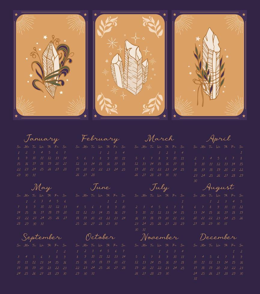 Magischer Kalender 2023. Kristallset mit Zweigen einer Pflanze. rituelles Amulett. Vintage-Illustration im Boho-Stil. Halloween, Hexerei, Astrologie, Mystik. 12 Monate 2023 vektor