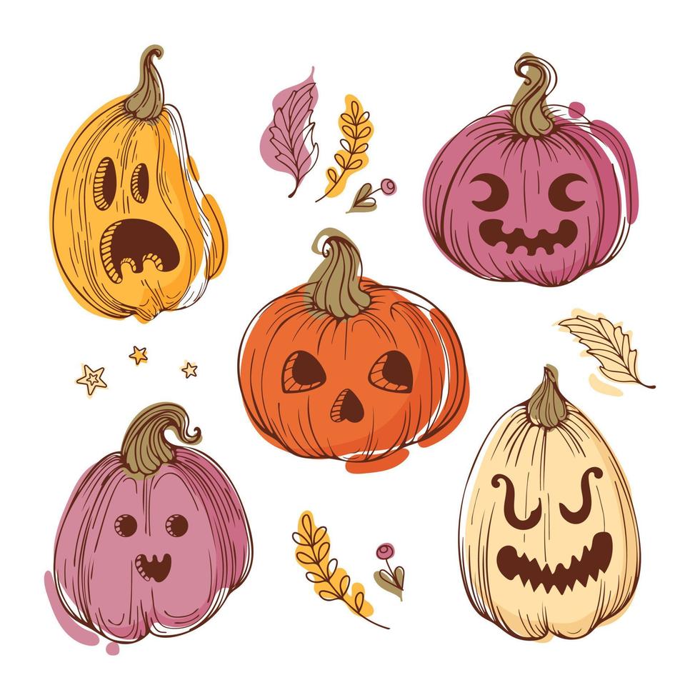 Pumpalykta uppsättning, söt årgång häxa pumpor. ljus höst illustration i skiss stil för halloween. grönsaker och löv. värma jordnära toner. för klistermärken, affischer, kort, design element. vektor