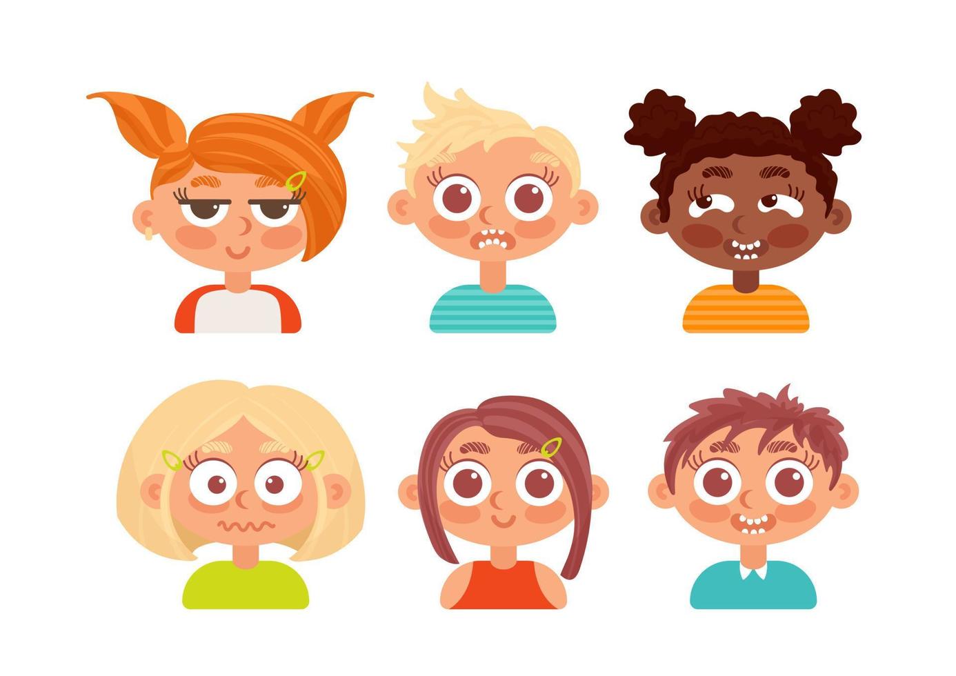 uppsättning av ansikten av barn av annorlunda etniciteter. positiv negativ känslor. glädje, lycka, rädsla, avsky. för klistermärken, avatar, design element. i tecknad serie stil. vektor