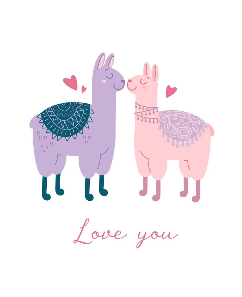 nette vektorillustration für valentinstag. animalisches Konzept Liebespaar. Herzen, Lamas, Schriftzüge. dich lieben. für Postkarten, Poster, Kleiderdruck. im flachen Stil vektor