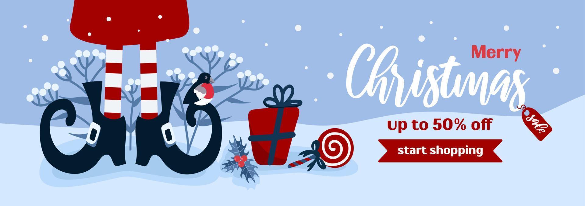 glad jul försäljning. ljus horisontell vektor baner i tecknad serie stil i blå och röd färger. klubba, gåvor, randig strumpor, älva skor, järnek. för reklam baner, affisch, flygblad
