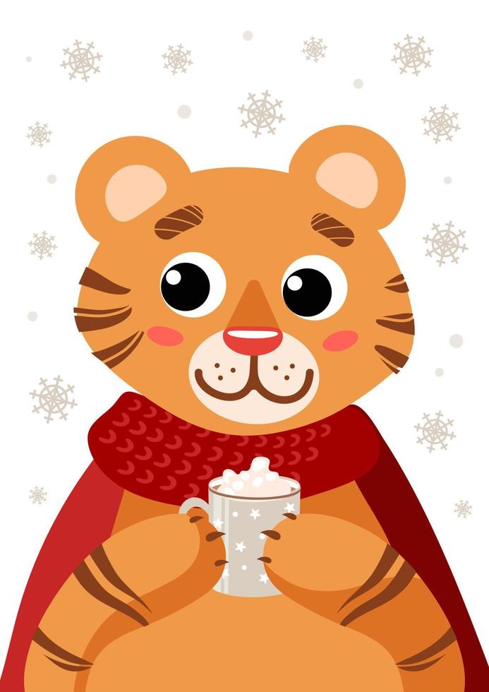 ein süßer tiger in einem roten schal trinkt kakao. Fröhliche Weihnachten. symbol des chinesischen neujahrs 2022. für poster, postkarten, banner, stoffdruck. vektor
