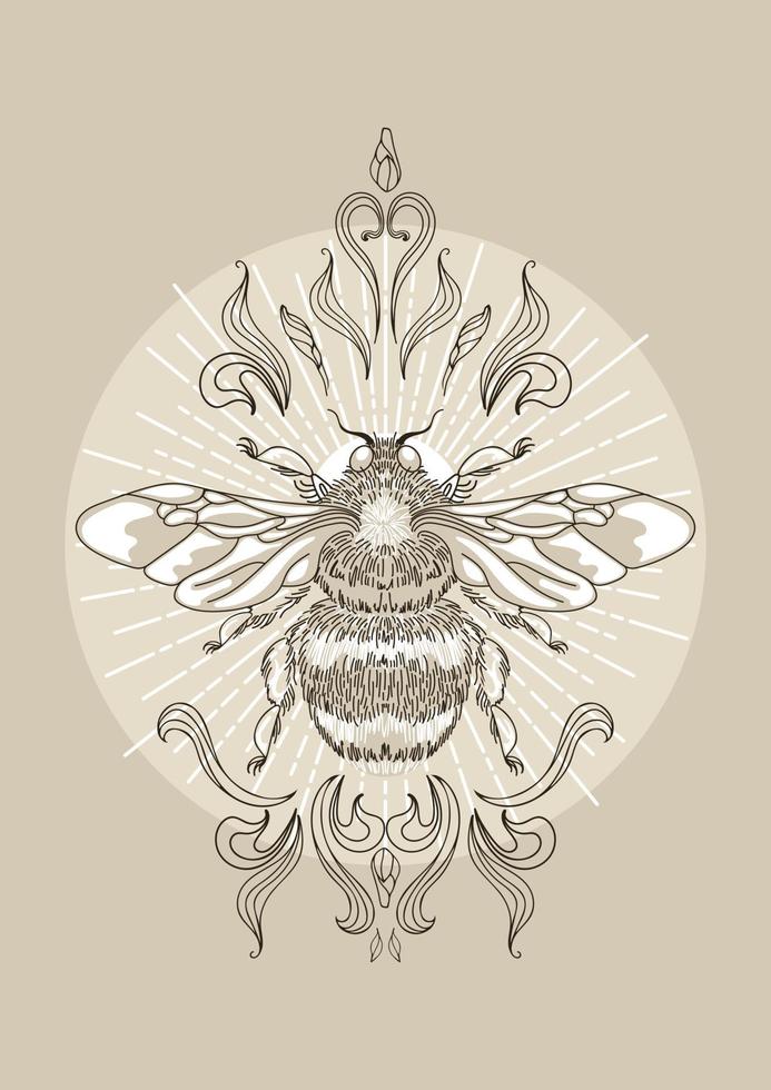 leuchtende hummel, sonnenstrahlen, kräuter und blätter. Vektorillustration, Vintage-Stil. Halloween, Magie, Hexerei, Astrologie, Mystik. für Logo, Poster, Karten, Banner, Stoffdruck, Tattoo-Design vektor