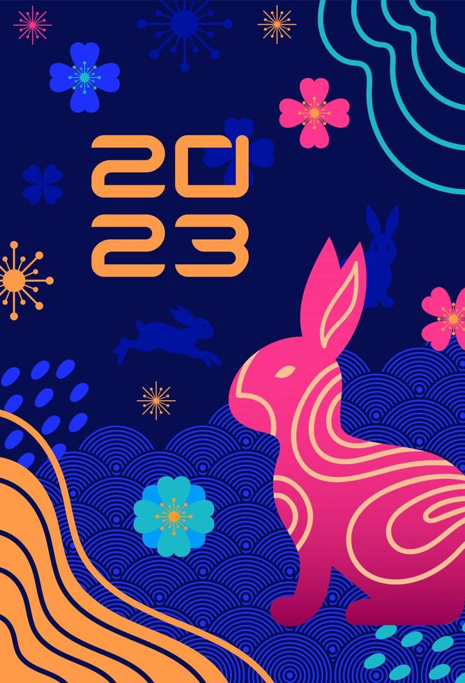 Kaninchen, Symbol des chinesischen Neujahrs 2023. Helles Vektor-Vintage-Banner in Neonfarben der 90er Jahre, asiatischer Stil. blumen, abstrakt, fisch, drachenschuppen. Ostern, Frühling. für Poster, Banner, Flyer, Werbung vektor