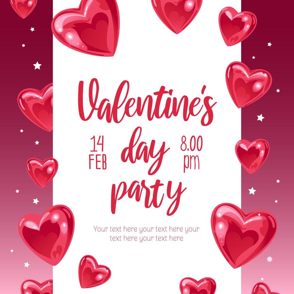 valentinstag, partyeinladung. helles banner mit glänzendem, süßem, herzförmigem ballonhelium. für werbebanner, website, poster, flyer. vektor