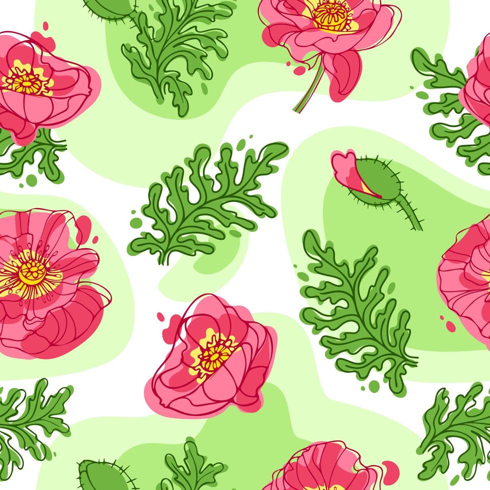 blommor och löv av vallmo på Färg fläckar. ljus saftig sommar mönster. i rosa och grön färger. botanisk illustration för tapet, tyg utskrift, förpackning vektor