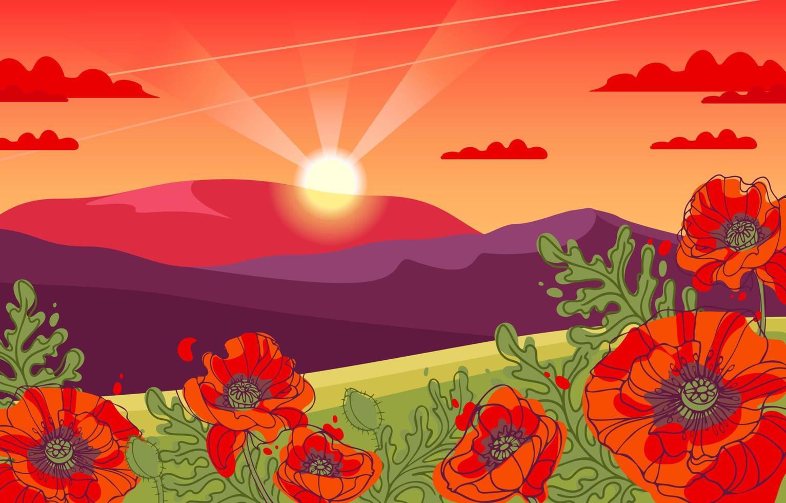 schöne abendliche sommerlandschaft. Hang mit blühenden Mohnblumen. berge und der sonnenuntergang himmel in den wolken, die untergehende sonne. vektorillustration für hintergrund, website, poster, karten vektor