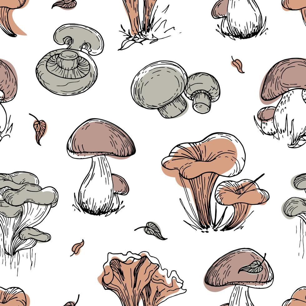 Muster von essbaren Pilzen. vintage botanische illustration. grafische Objekte in trendigen natürlichen Erdtönen. im Sketch-Stil. für café, gesundes lebensmitteldesign. Tapeten, Stoffdruck, Verpackung, vektor