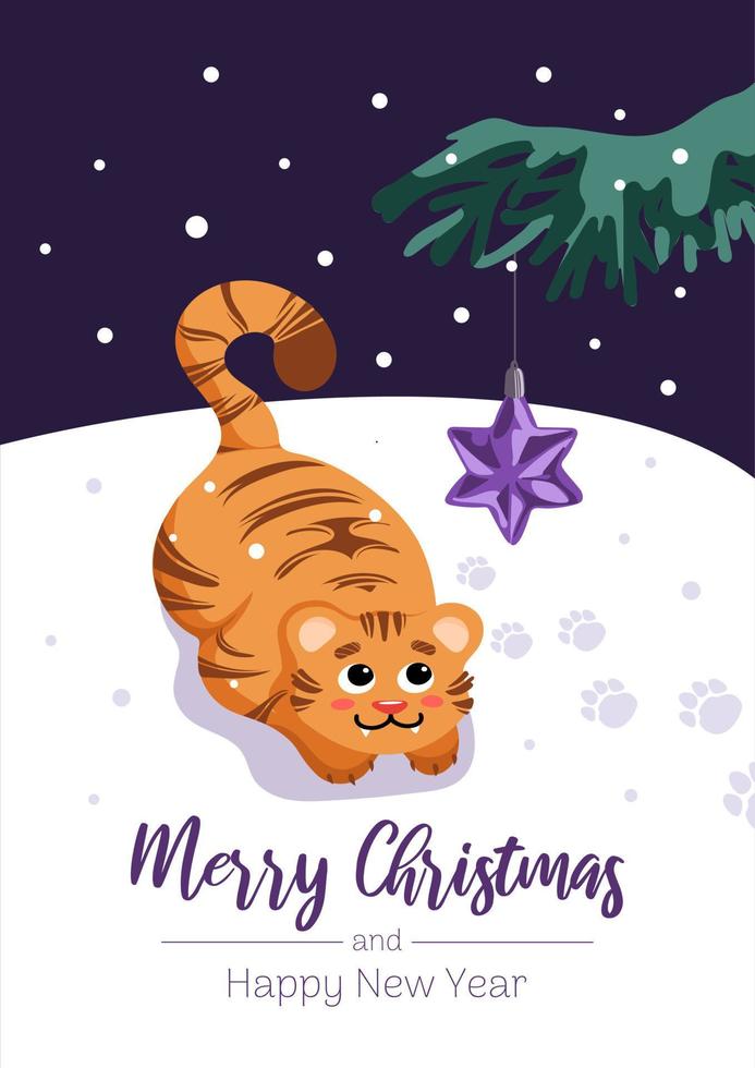 en söt tiger Valp spelar med en jul träd leksak stjärna. glad jul. symbol av kinesisk ny år. för affischer, vykort, banderoller, utskrift på tyg vektor