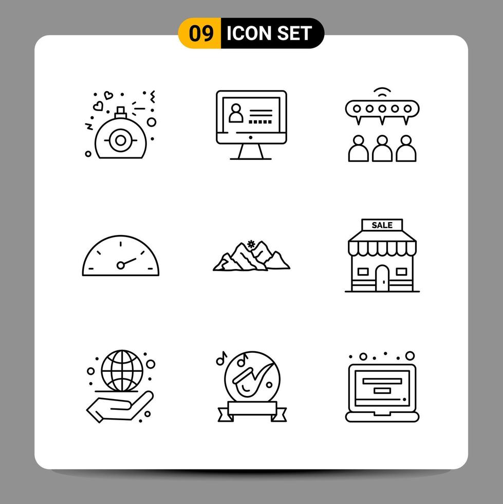 9 schwarze Symbolpaket-Umrisssymbole für ansprechende Designs auf weißem Hintergrund. 9 Symbole gesetzt. vektor