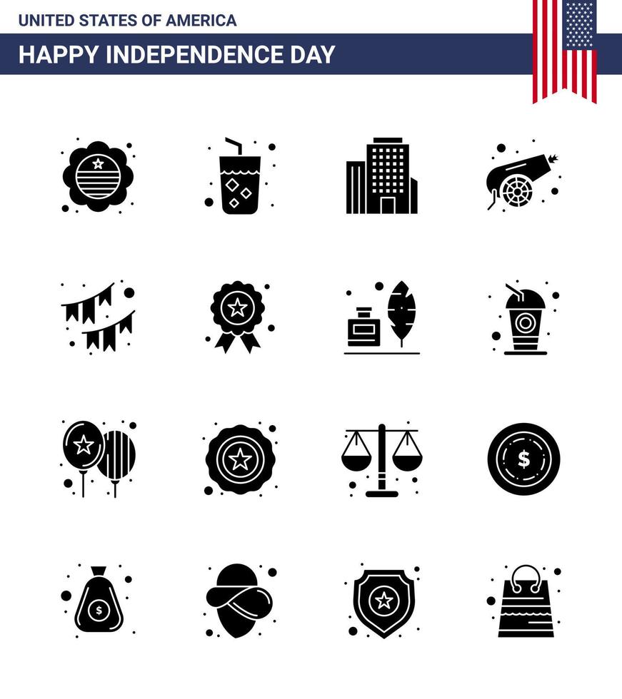 4:e juli USA Lycklig oberoende dag ikon symboler grupp av 16 modern fast glyfer av dekoration amerikan byggnad vapen kanon redigerbar USA dag vektor design element
