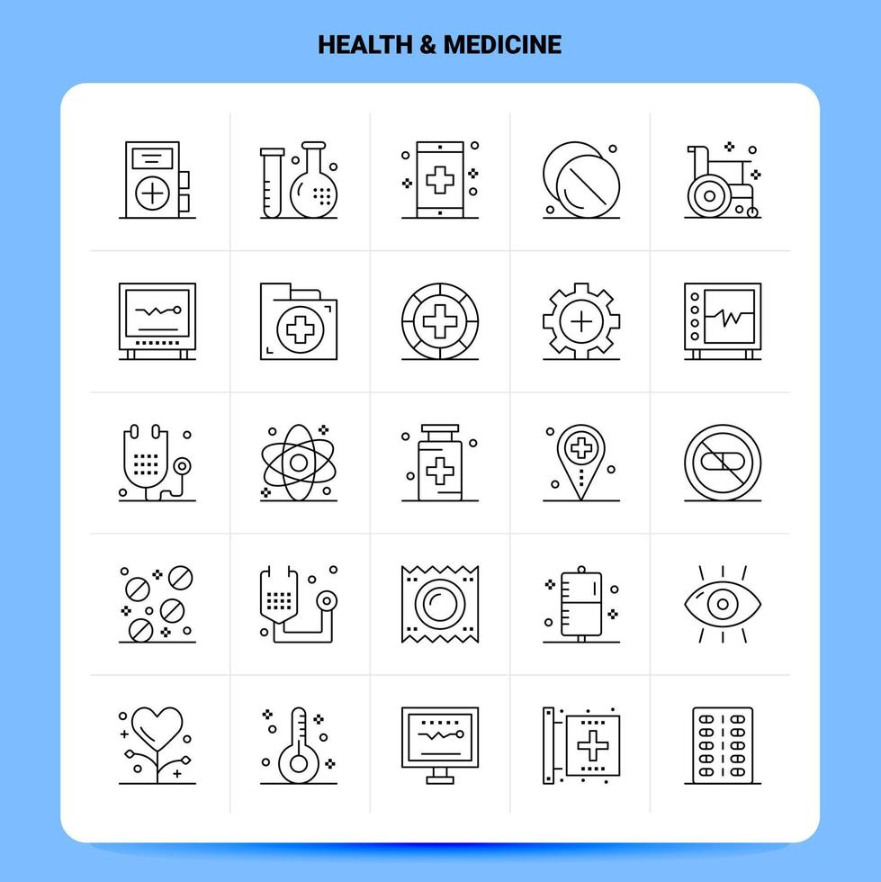 översikt 25 hälsa medicin ikon uppsättning vektor linje stil design svart ikoner uppsättning linjär piktogram packa webb och mobil företag idéer design vektor illustration