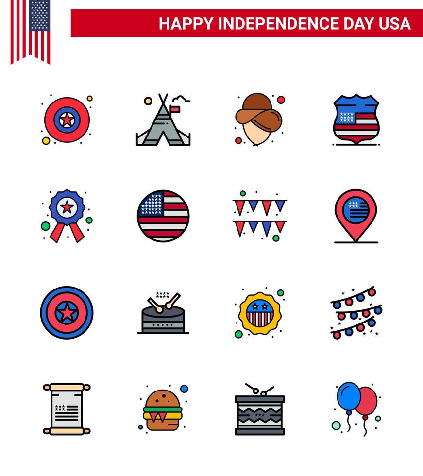 4:e juli USA Lycklig oberoende dag ikon symboler grupp av 16 modern platt fylld rader av tecken polis cowboy bricka USA redigerbar USA dag vektor design element