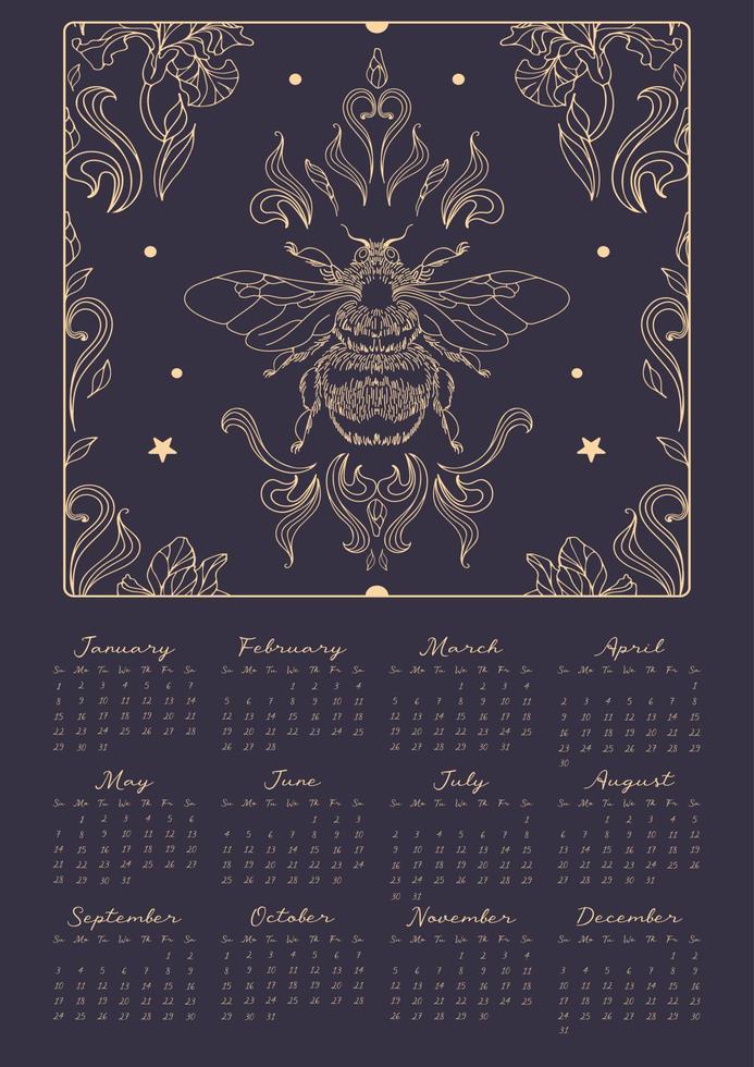gyllene humla, stjärnor och löv på en mörk bakgrund, årgång stil. magi kalender 2023. halloween, trolldom, astrologi, mystik. 12 månader av 2023 vektor