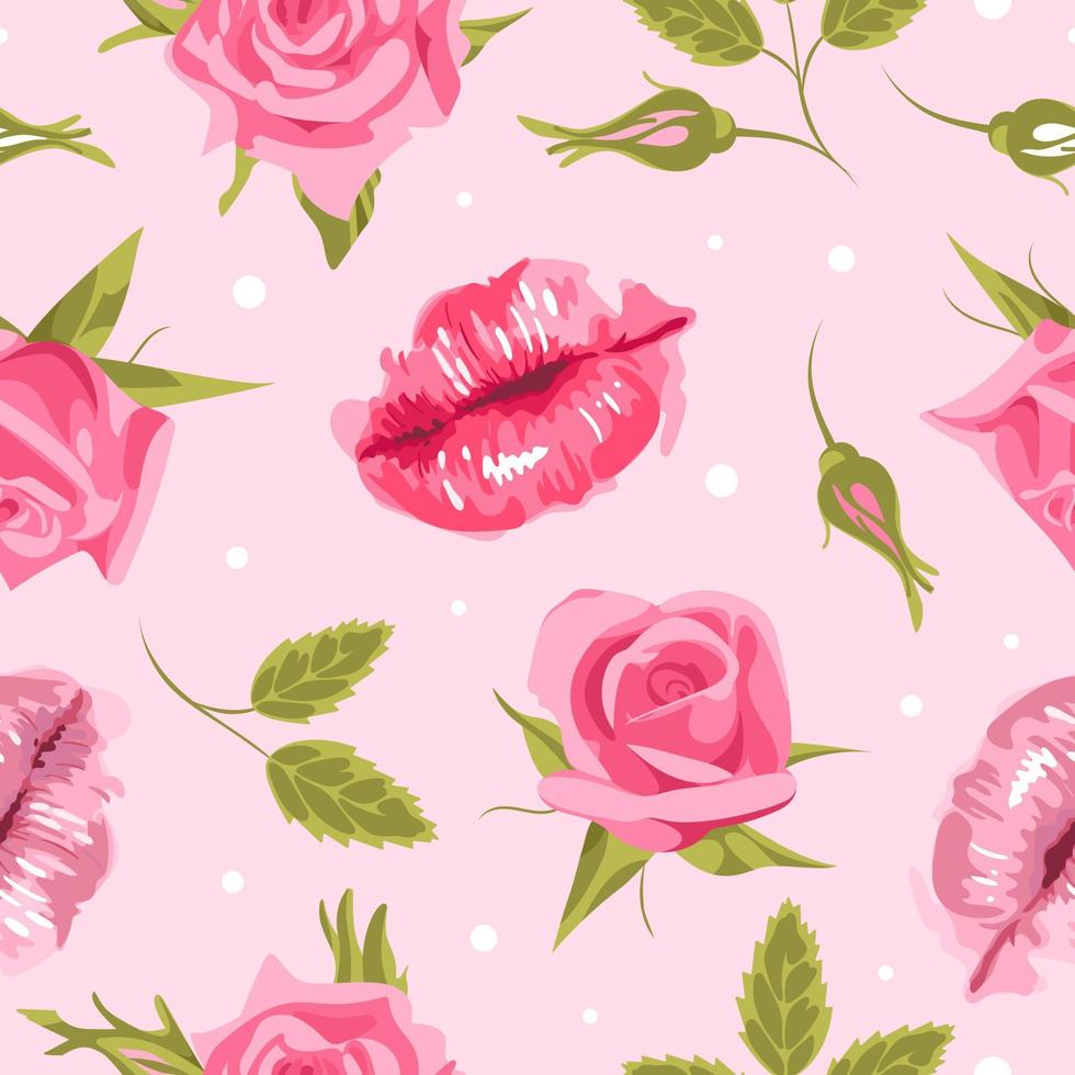 Valentinstag. Lippen und Rosen. Elegantes nahtloses Muster englischer rosa Rosen, Vintage-Stil. für Hochzeiten, Tapeten, Stoffdruck, Verpackung. vektor