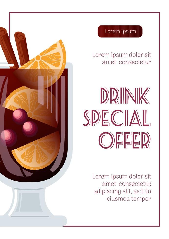 Glühwein mit Orange, Preiselbeeren und Zimtstangen in einem Glaskelch. Wintergetränke-Sonderangebot. vektorillustration für poster, banner, flyer, werbung, promo, menü. vektor